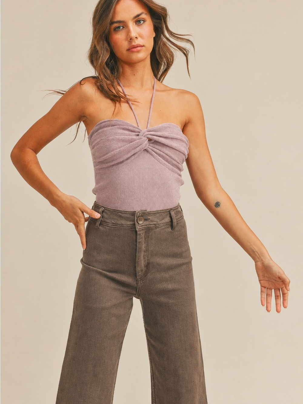MIOU MUSE Mauve Ribbed Halter Top Women’s Size Small 🎀🤎✨